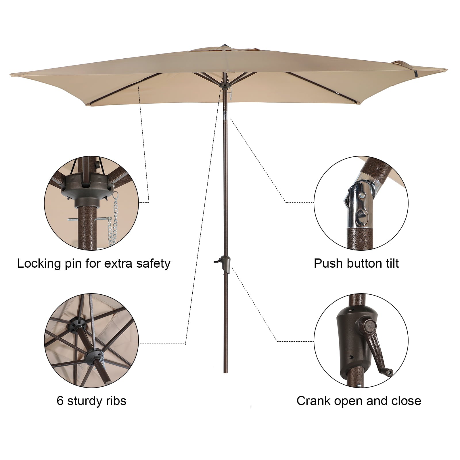 Rectangular Patio Umbrella, 6.6 x 9.8ft Outdoor Table Market Umbrella with Push Button Tilt/Crank, Beige