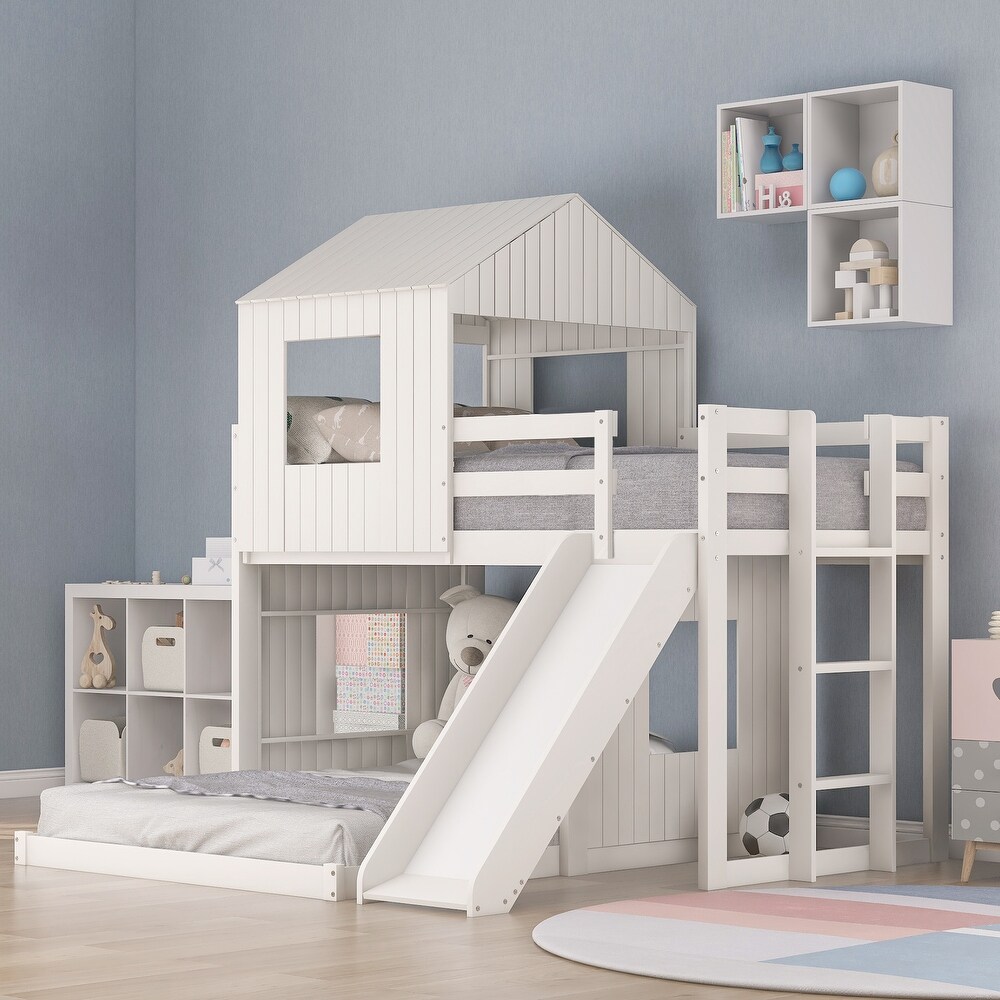 Wooden Twin over Full Bunk Bed  Treehouse Style Loft Bed with Playhouse  Ladder  Slide   Guardrail  Kids' Bedroom Furniture