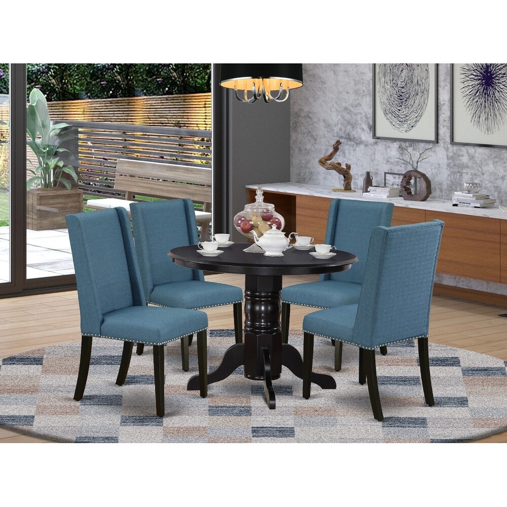 East West Furniture 5 Piece Dining Room Table Set  a Round Kitchen Table and 4 Linen Fabric Dining Chairs  (Finish Option)