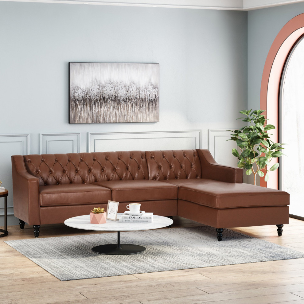 Sectional Sofa  Birch Bun Feet  ampPU Leather Seat With Tufted Back   Traditional   Sectional Sofas   by Decorn  Houzz