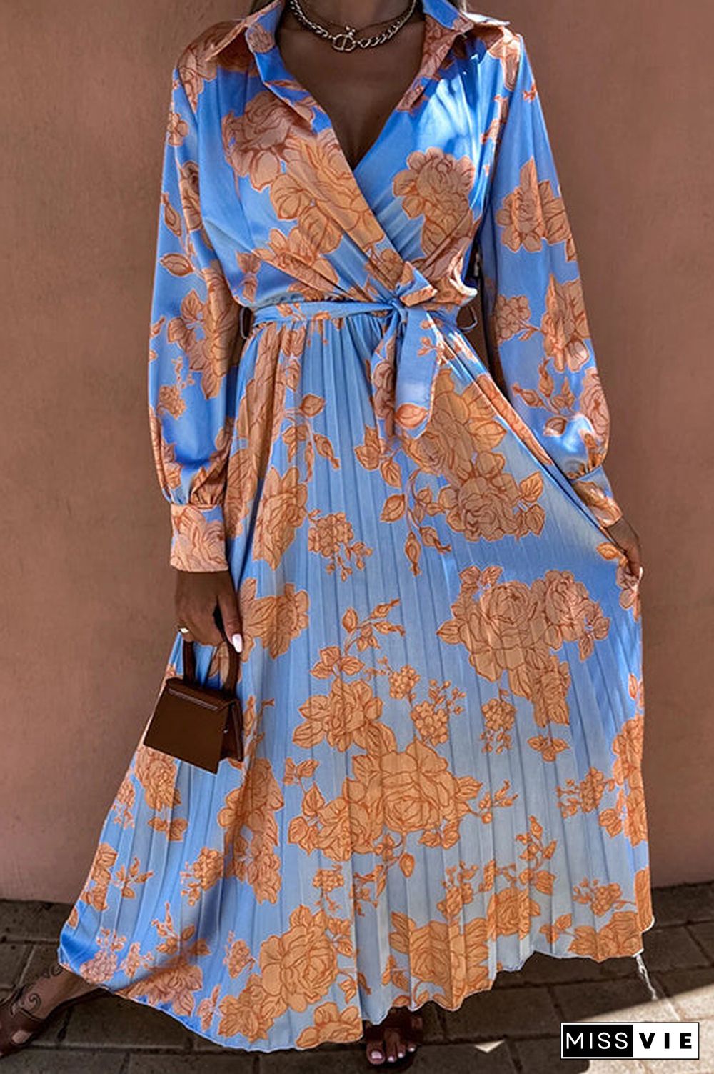 Floral Belted Long Sleeve Maxi Dress