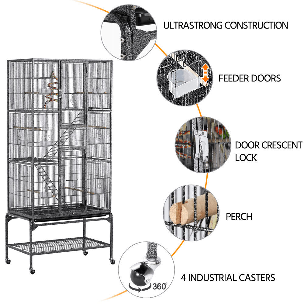 Topeakmart 69''H Extra Large Rolling Metal Parrot Cage Small Animal Cage with Detachable Stand and Ladders， Black