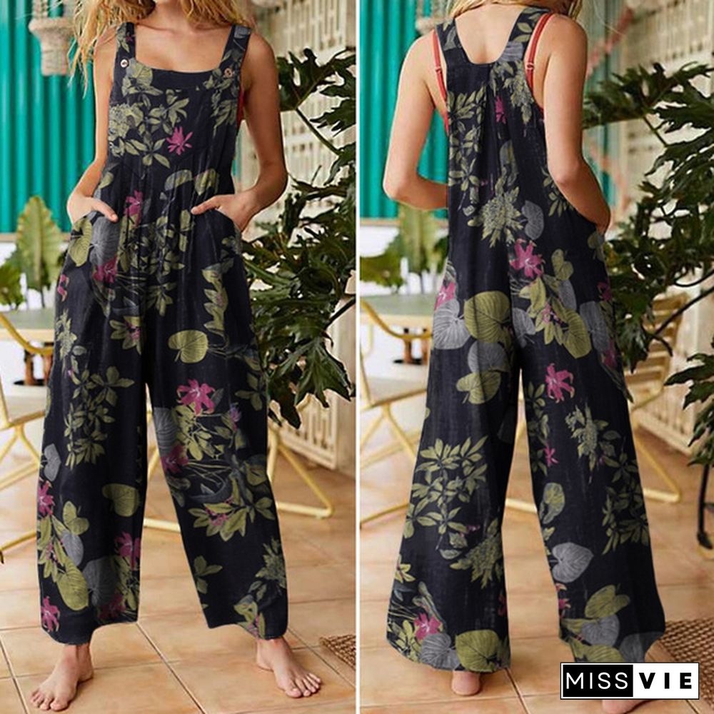 VONDA Women Floral Print Wide Leg Bib Overalls Long Trousers Summer Sleeveless Cotton Jumpsuits Rompers Plus Size Pantalon femme