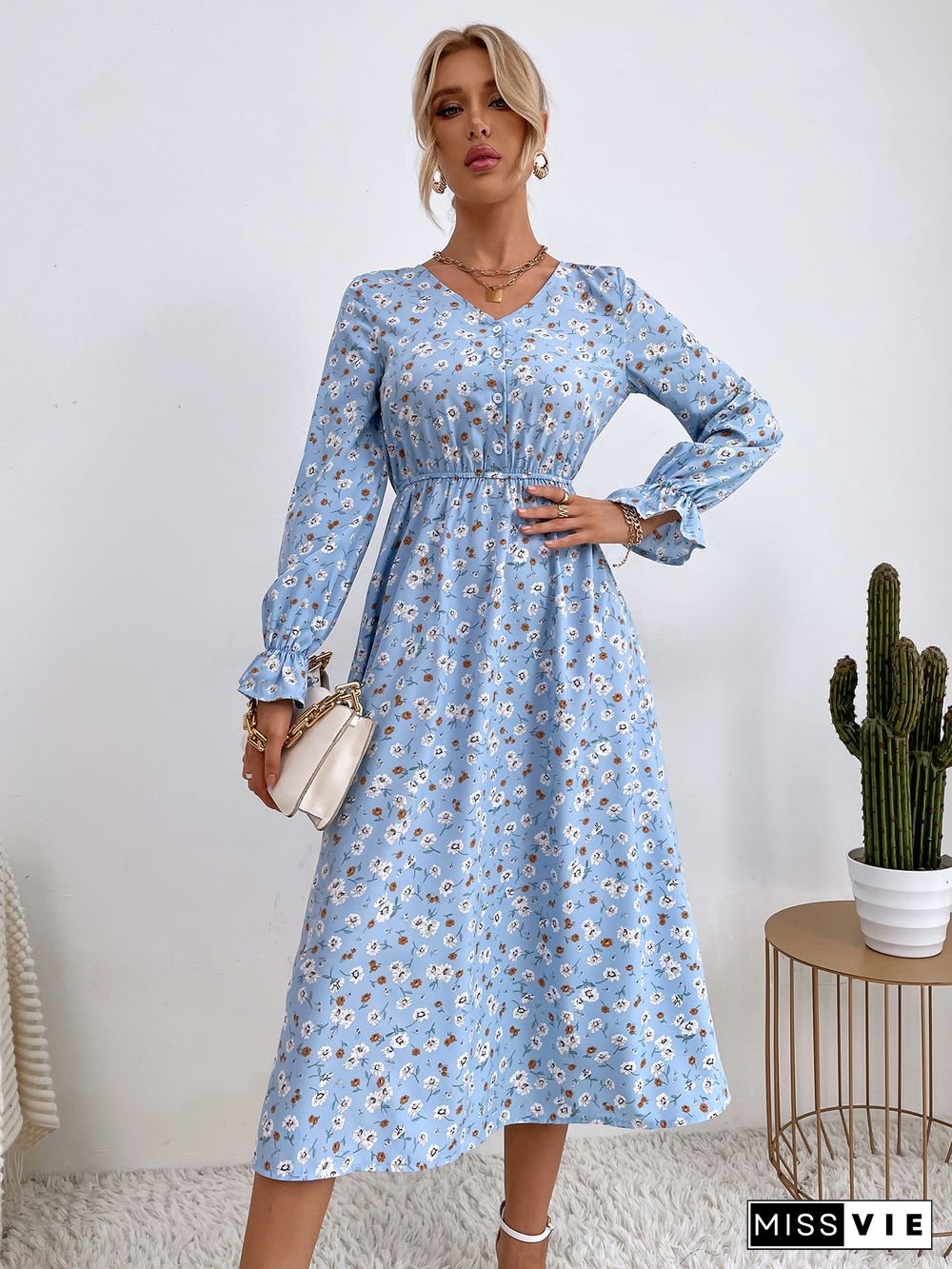 Elegant Women Floral Print Dress Casual Temperament Sweet Single-breasted V-neck Full Flared Sleeve Chic A-line Midi Dress