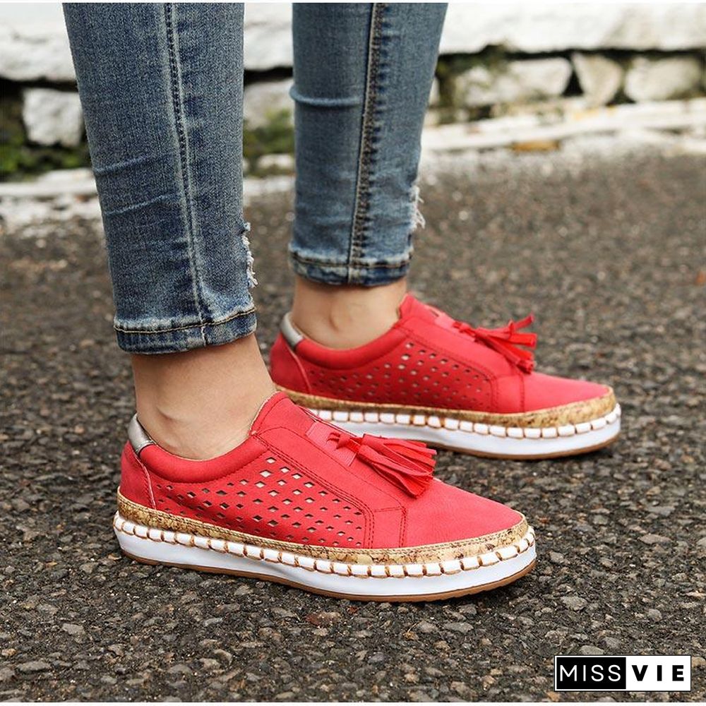 Women Slip On Hollow Out Flats Ladies Breathable Loafers Casual Platform Vulcanized Sewing Sneakers Shoes