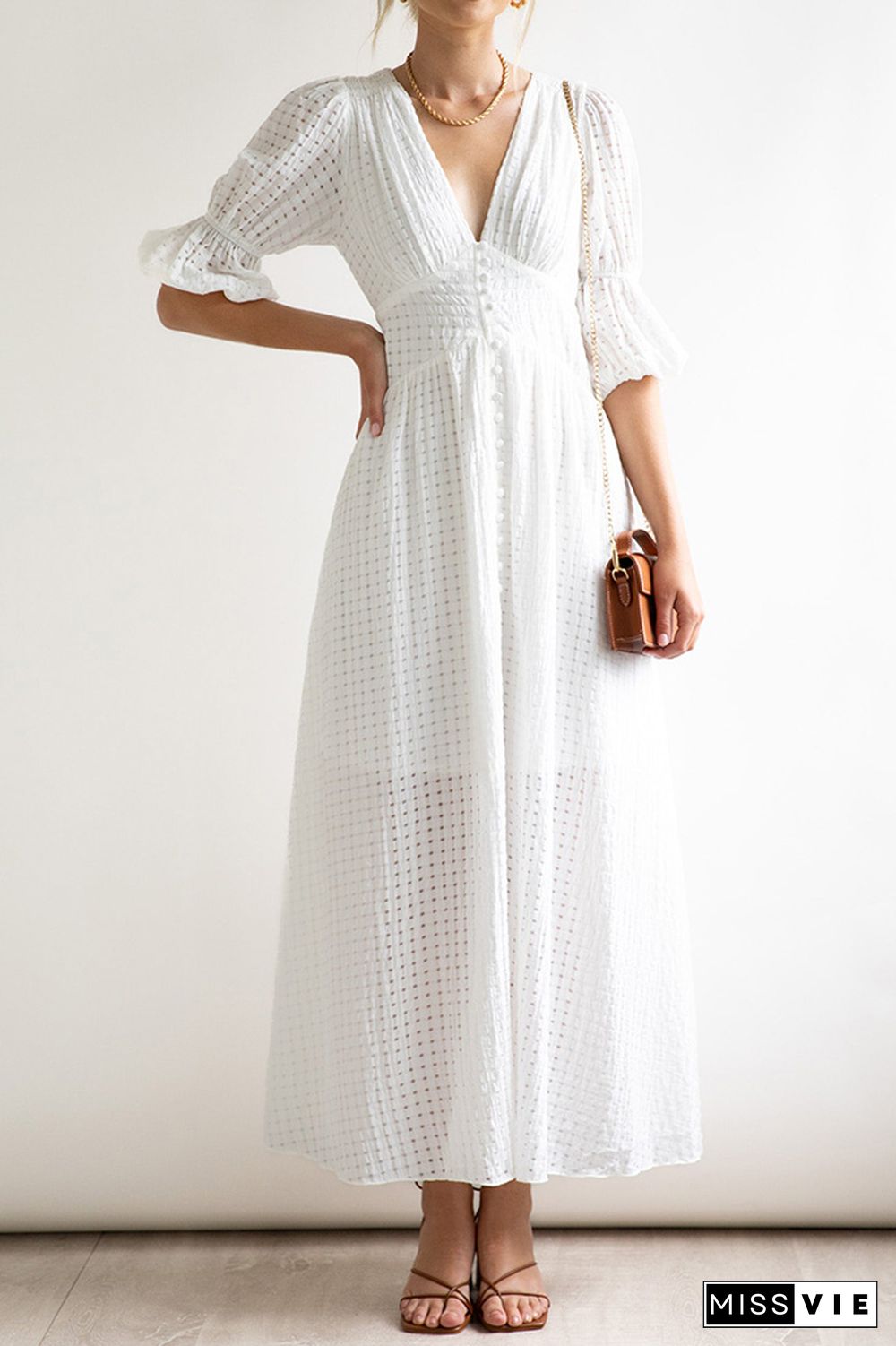 Eyelet Checked Button Up Long Split Dress