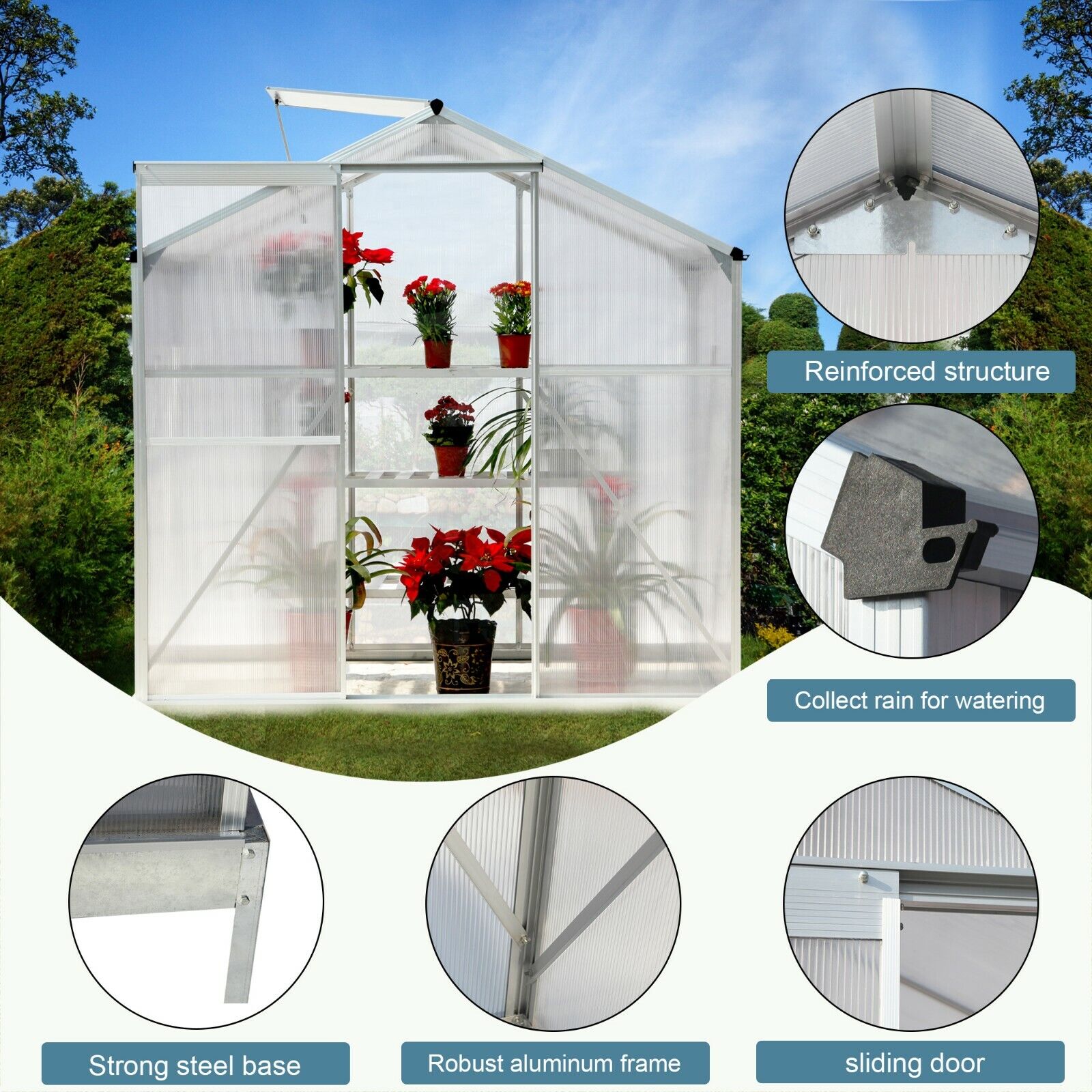 8 x 6 ft Walk-in Plant Greenhouse Kit Polycarbonate Garden Backyard Alu Cold Frame Window