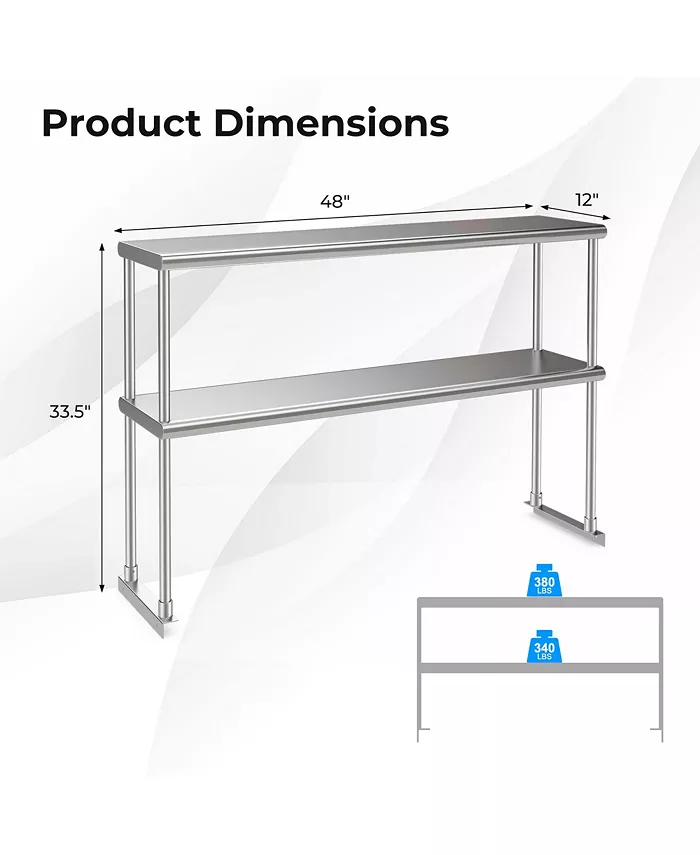 Costway 48'' 2-Tier Over shelf for Prep and Worktable Stainless Steel Adjustable Lower Shelf