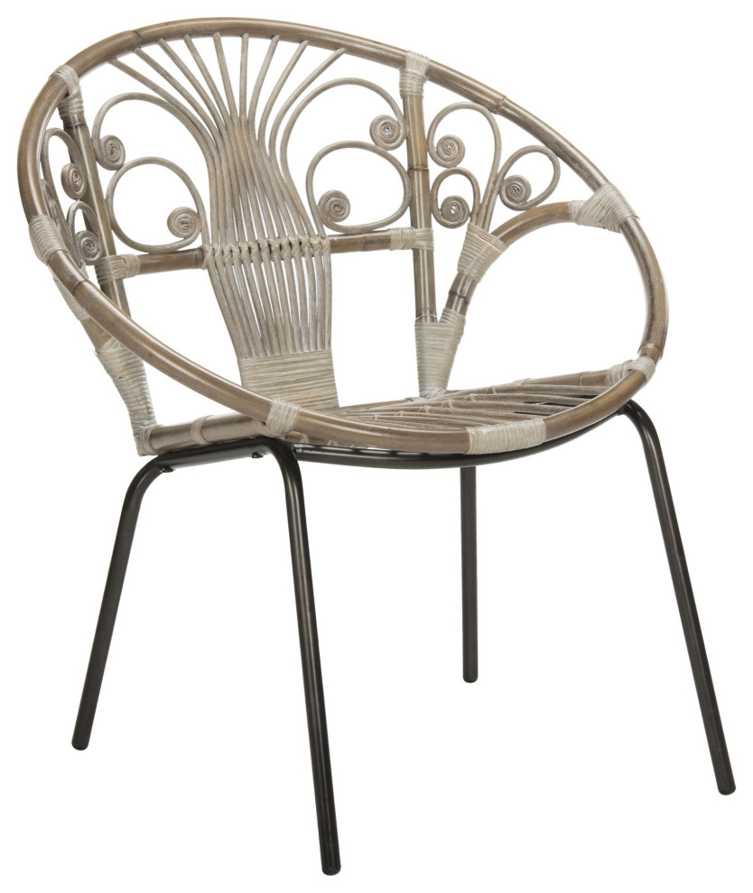 Unique Accent Chair  Round Design With Metal Base  Rattan Seat  Gray White Wash   Tropical   Armchairs And Accent Chairs   by Declusia  Houzz