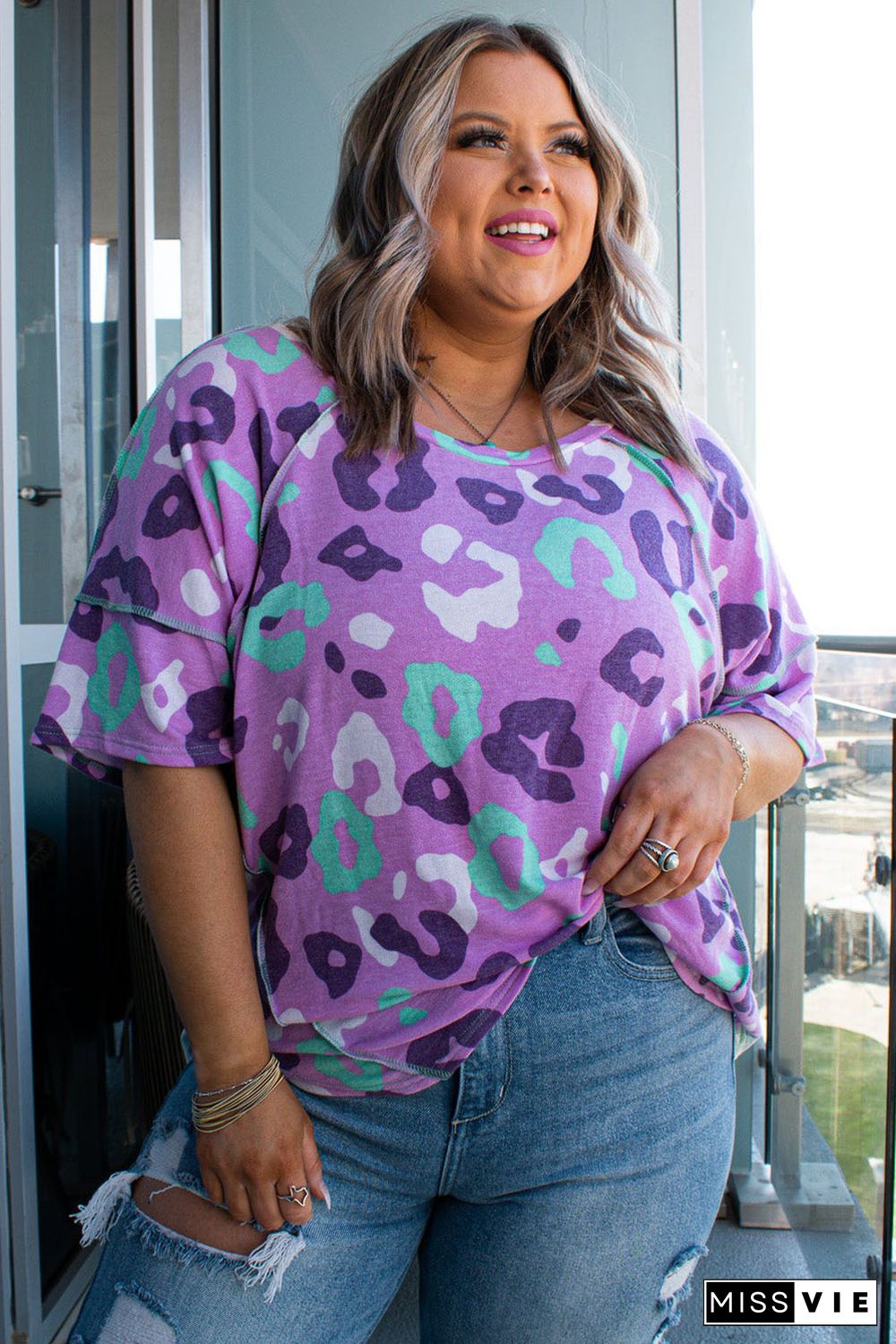 Purple Leopard Kiss Print Plus Size Short Sleeve Tee