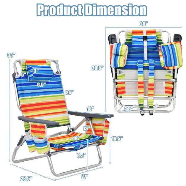 Costway 4pcs Folding Backpack Beach Chair Reclining Camping Chair With Storage Bag Blue pink pattern yellow