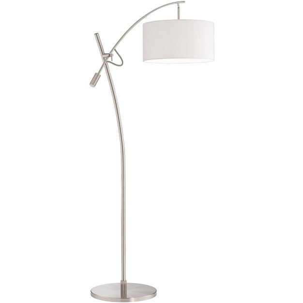 Tall Brushed Steel Adjustable Boom Off White Linen Drum Shade For Living Room Reading Office