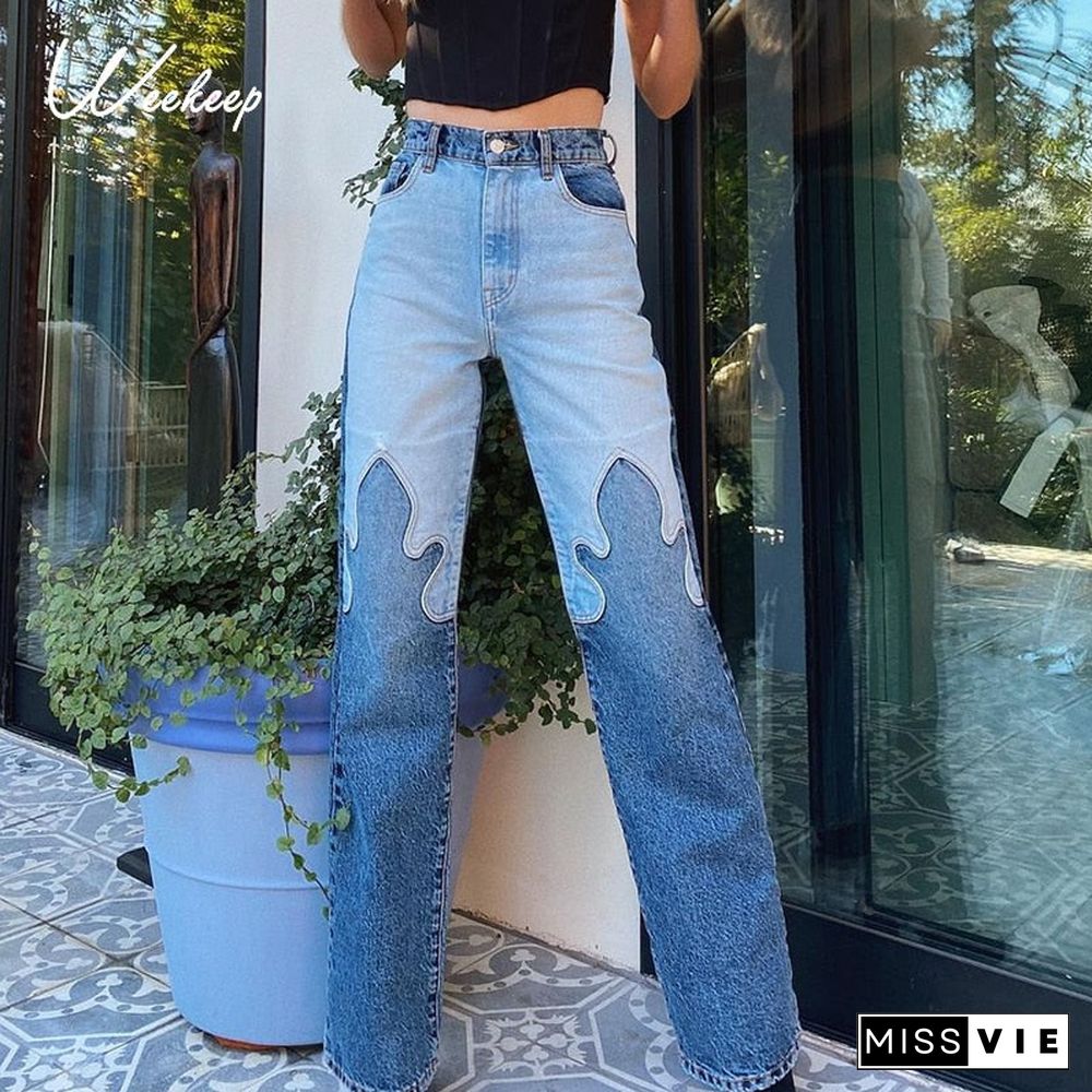 Weekeep Vintage Flame Print Streetwear Jeans Women High Waist Cotton Straight Korean Slim Long Trousers Harajuku Denim Pants 90s