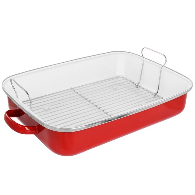 Martha Stewart 18 Inch Enamel On Steel Roasting Pan In Red With Roasting Rack