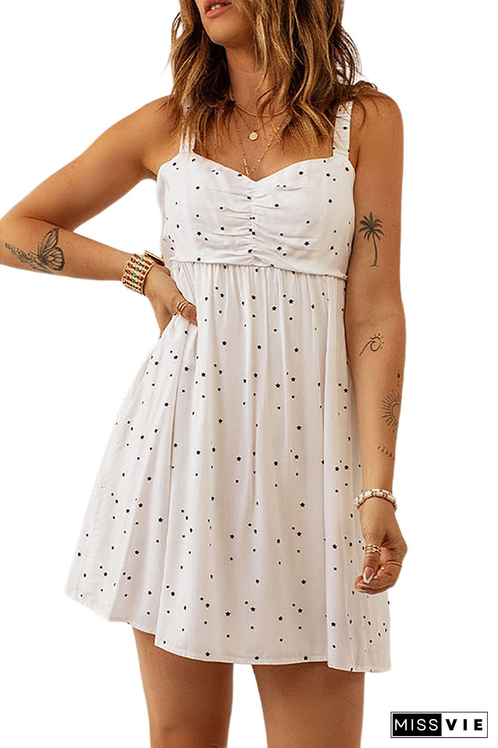 White Ruched Bust Starlet Print Mini Dress