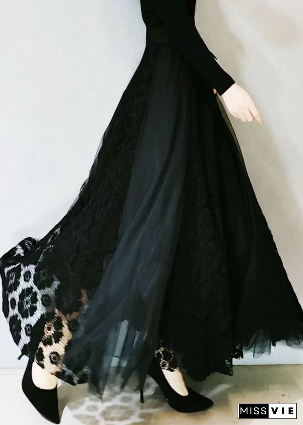 Modern Black High Waist Lace Patchwork Tulle A Line Skirt Spring