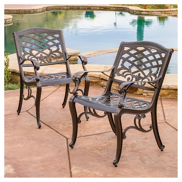 Sarasota Set Of 2 Cast Aluminum Patio Chair Hammered Bronze Christopher Knight Home