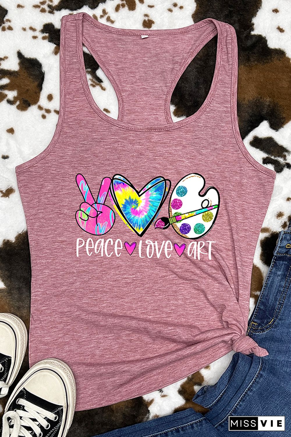 Peace Love Art Colorful Tie Dye Printed Sleeveless Tank Top Wholesale