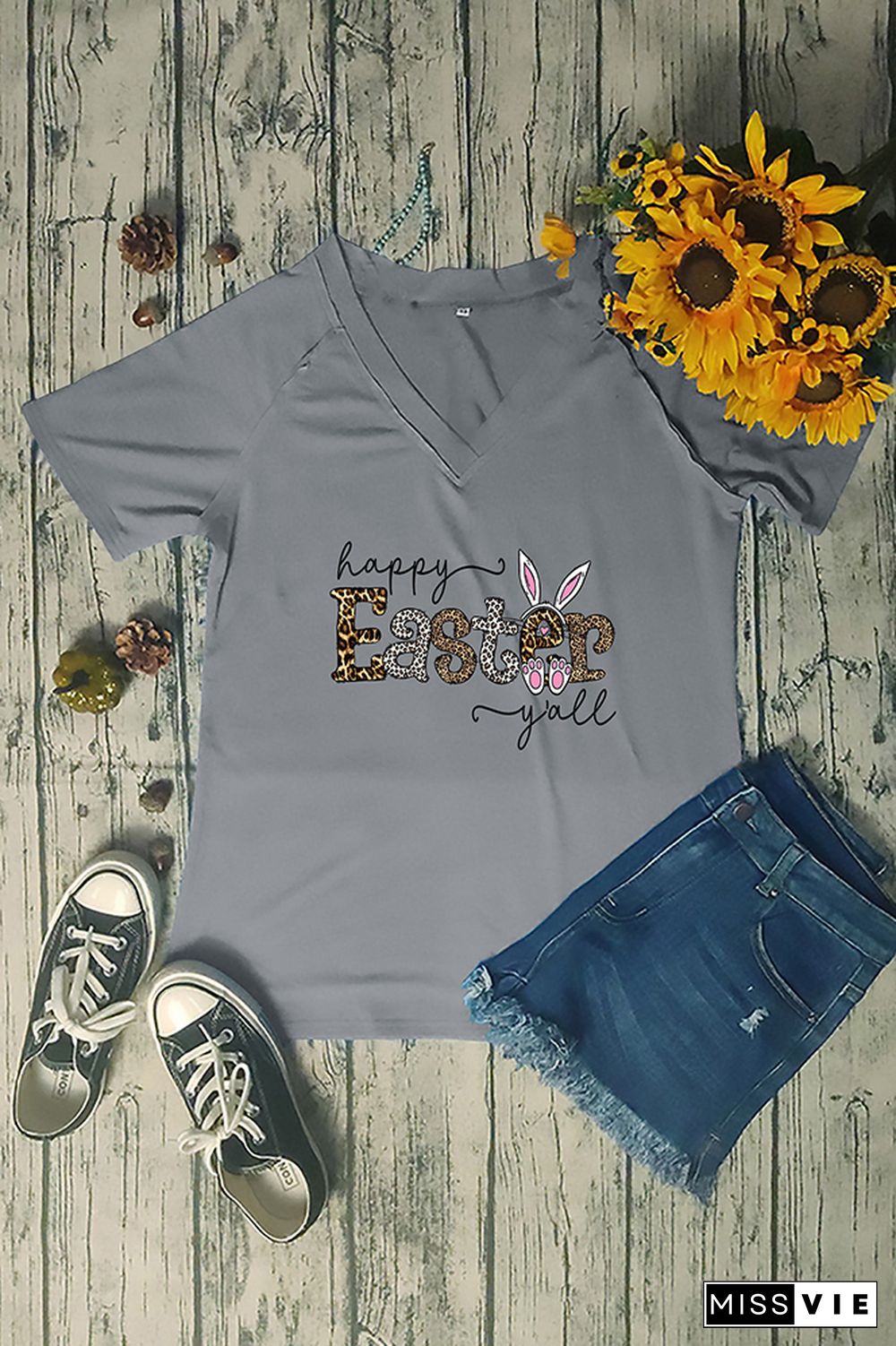 Happy Easter Y'All, Easter V Neck Graphic Tee