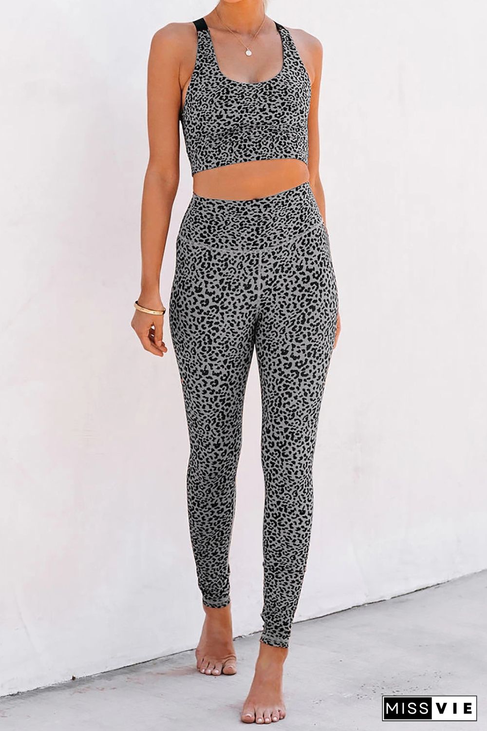 Gray Cheetah Print Sport Bra Pants Set