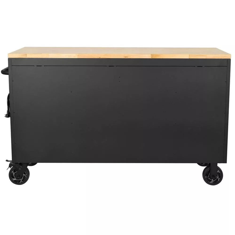 Heavy Duty 61 in. W x 23 in. D 15-Drawer Mobile Workbench with Solid Wood Top