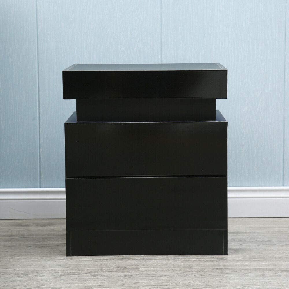 Modern Night Stand with LED Light, 2 Drawer Storage End Table Bedroom Storage Bedside Black