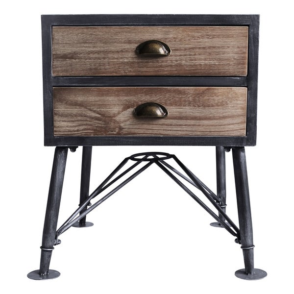 Armen Living Mathis Industrial 2-Drawer End Table in Industrial Grey and Pine Wood