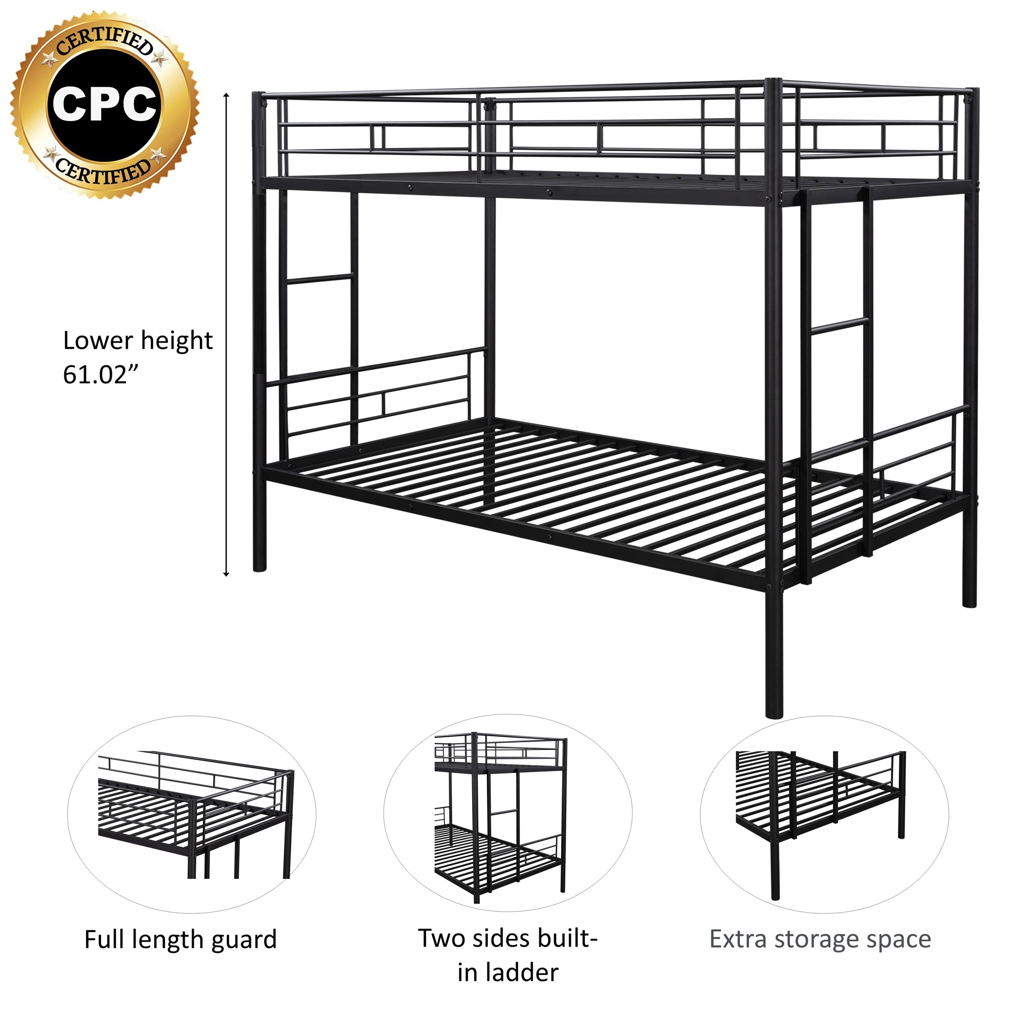 Bunk Bed with Ladder, SESSLIFE Metal Bunk Beds with Guardrail for Boys Girls Toddlers, Black Twin Over Twin Bunk Bed, Kids Bunk Bed for Home Children’s Room, TE838