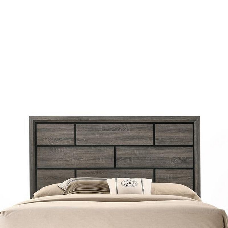 Transitional Style Wooden Queen Size Bed with Brick Elements Panel Headboard， Gray