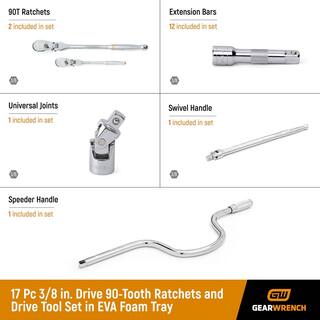 GEARWRENCH 38 in. Drive 90-Tooth Ratchets and Drive Tool Set in EVA Foam Tray (17-Piece) 89076