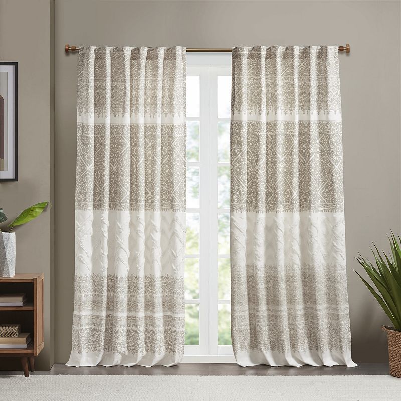 INK+IVY Mila Cotton Light Filtering Printed Rod Pocket 1 Window Curtain Panel with Chenille Detail