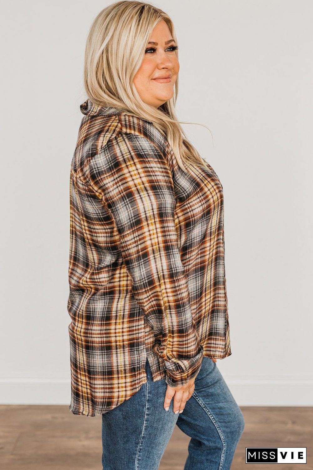 Plaid Print Button Long Sleeve Plus Size Shirt Coat