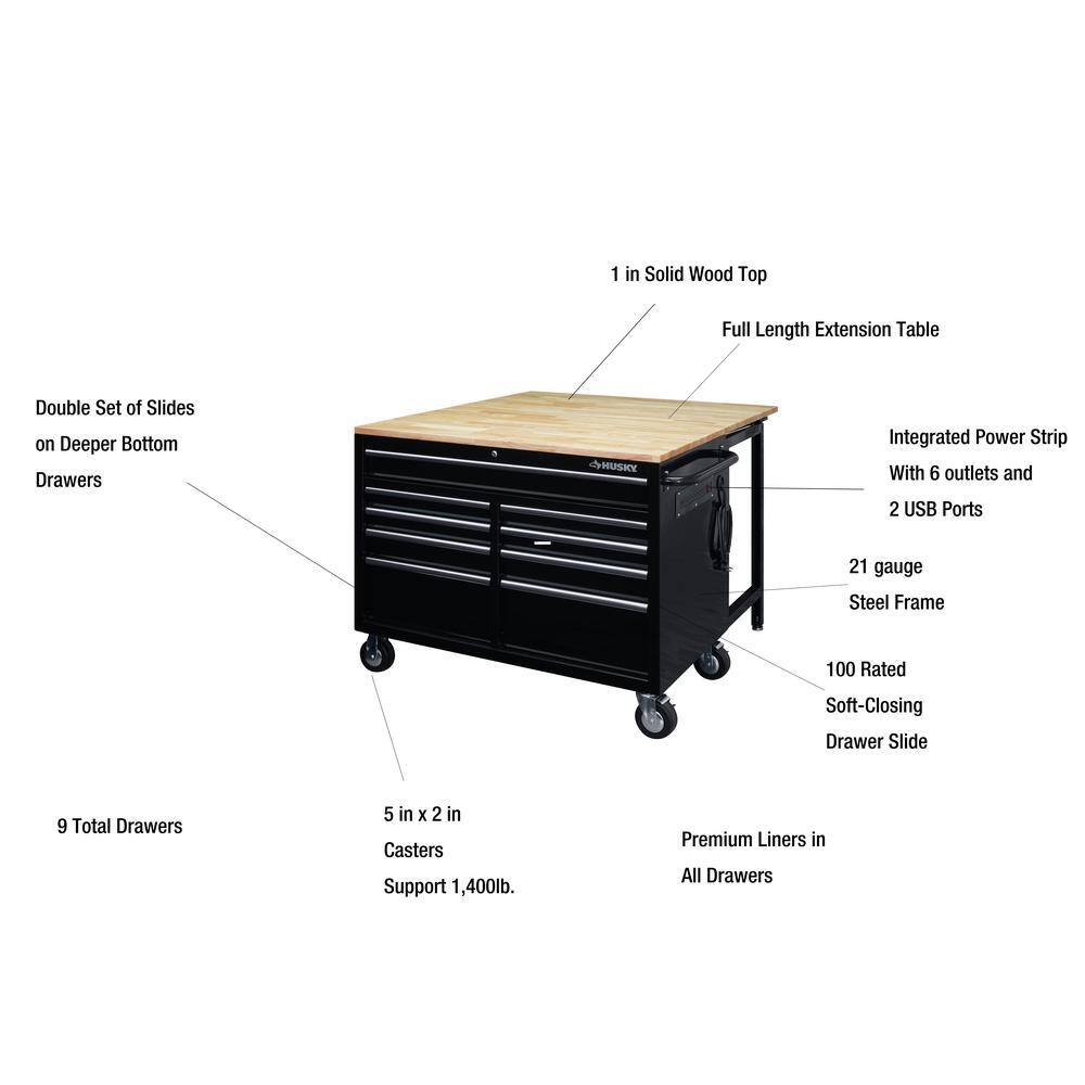 Husky 46 in.W x 51 in. D Standard Duty 9-Drawer Mobile Workbench with Solid Top Full Length Extension Table in Black HOTC4609B15M