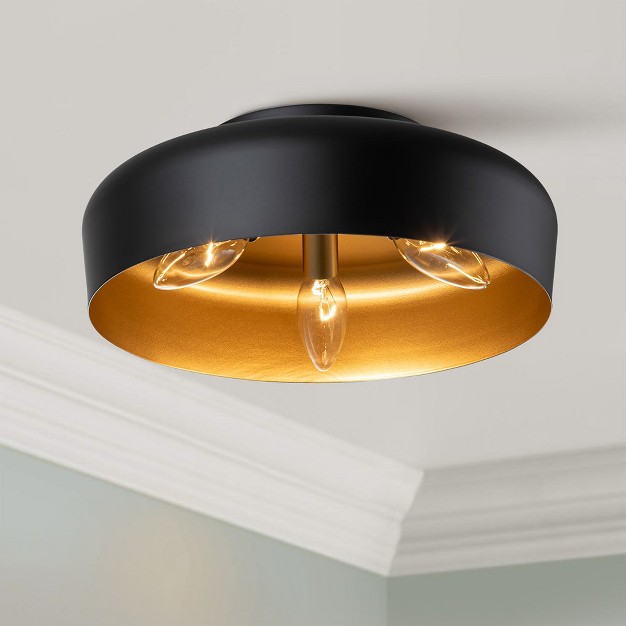 C Cattleya 3 light Matte Black Finish Flush Mount Light With Painted Gold Inside