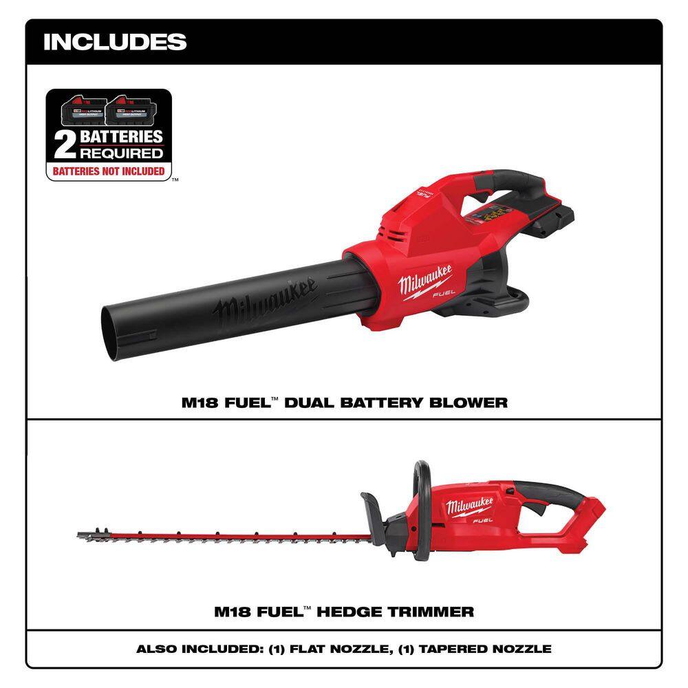 MW M18 FUEL Dual Battery 145 MPH 600 CFM 18V Lithium-Ion Brushless Cordless Handheld Blower with M18 FUEL Hedge Trimmer 2824-20-2726-20