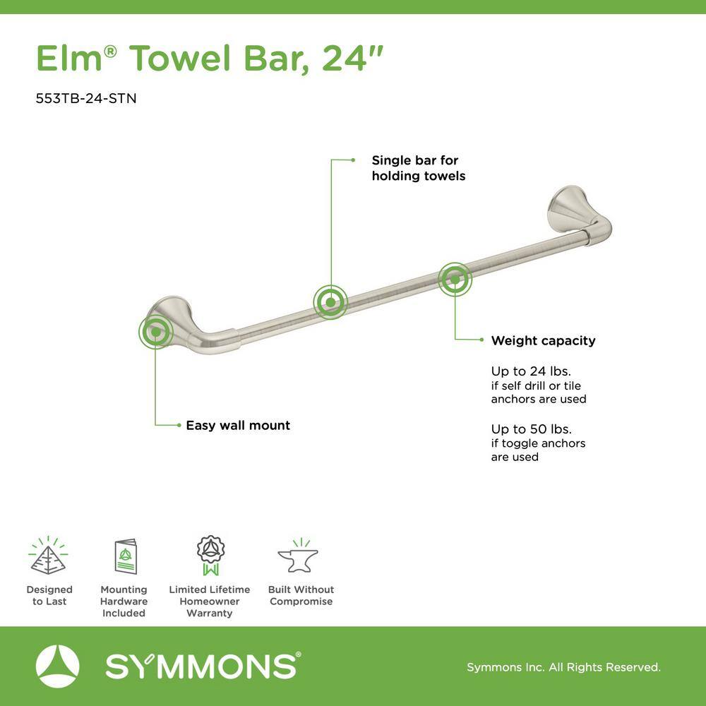 Symmons Elm 24 in. Towel Bar in Satin Nickel 553TB-24-STN