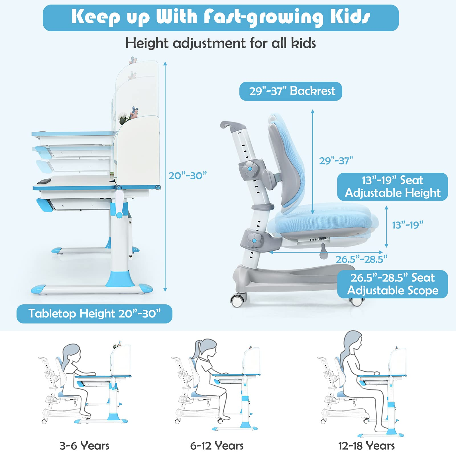 Costzon Kids Desk and Chair Set, Height Adjustable Study Desk w/Drawer,Ergonomic Student Chair w/Sit-Brake Casters for School