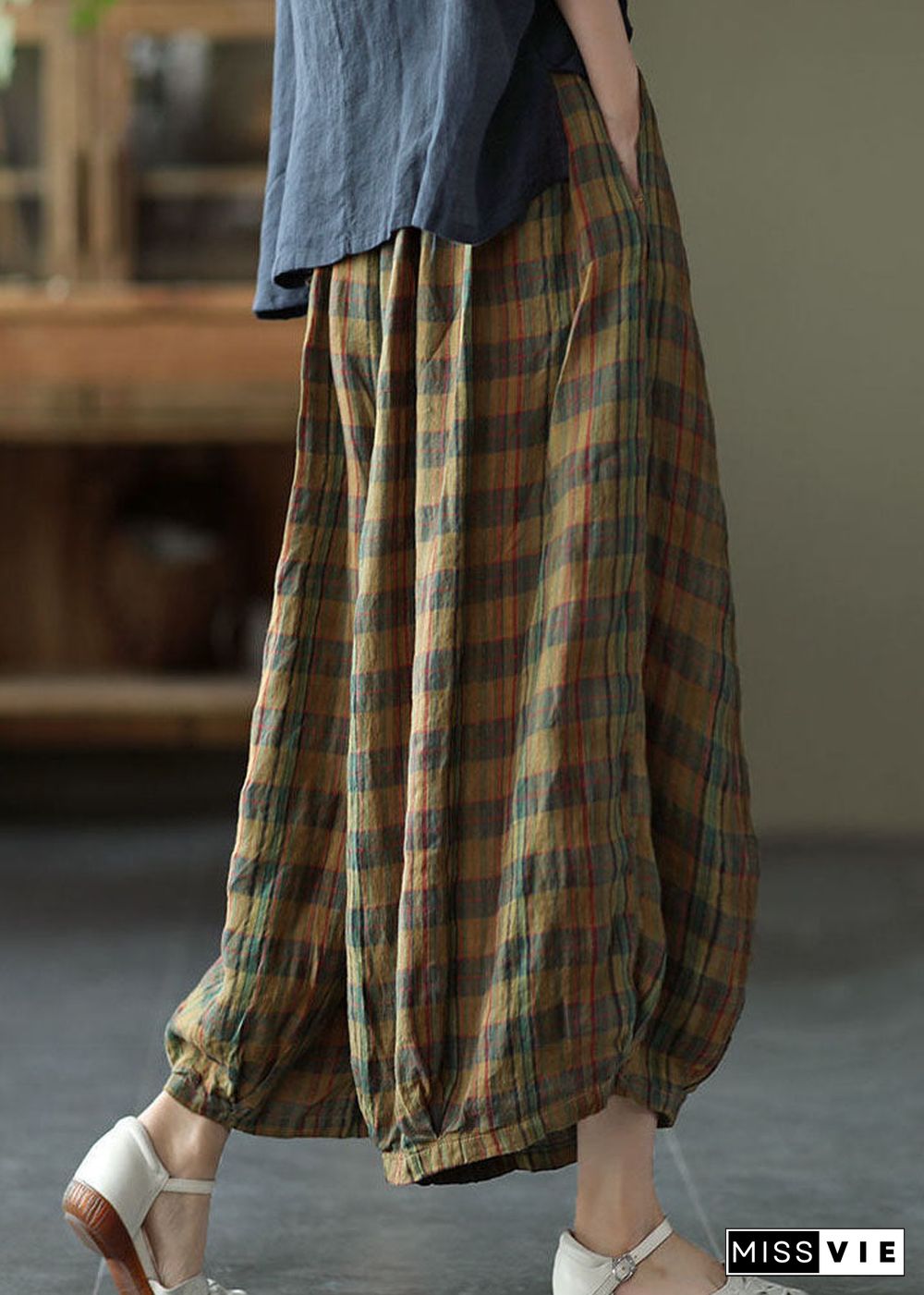 Yellow Plaid Print Cotton wide leg Pants drawstring Spring