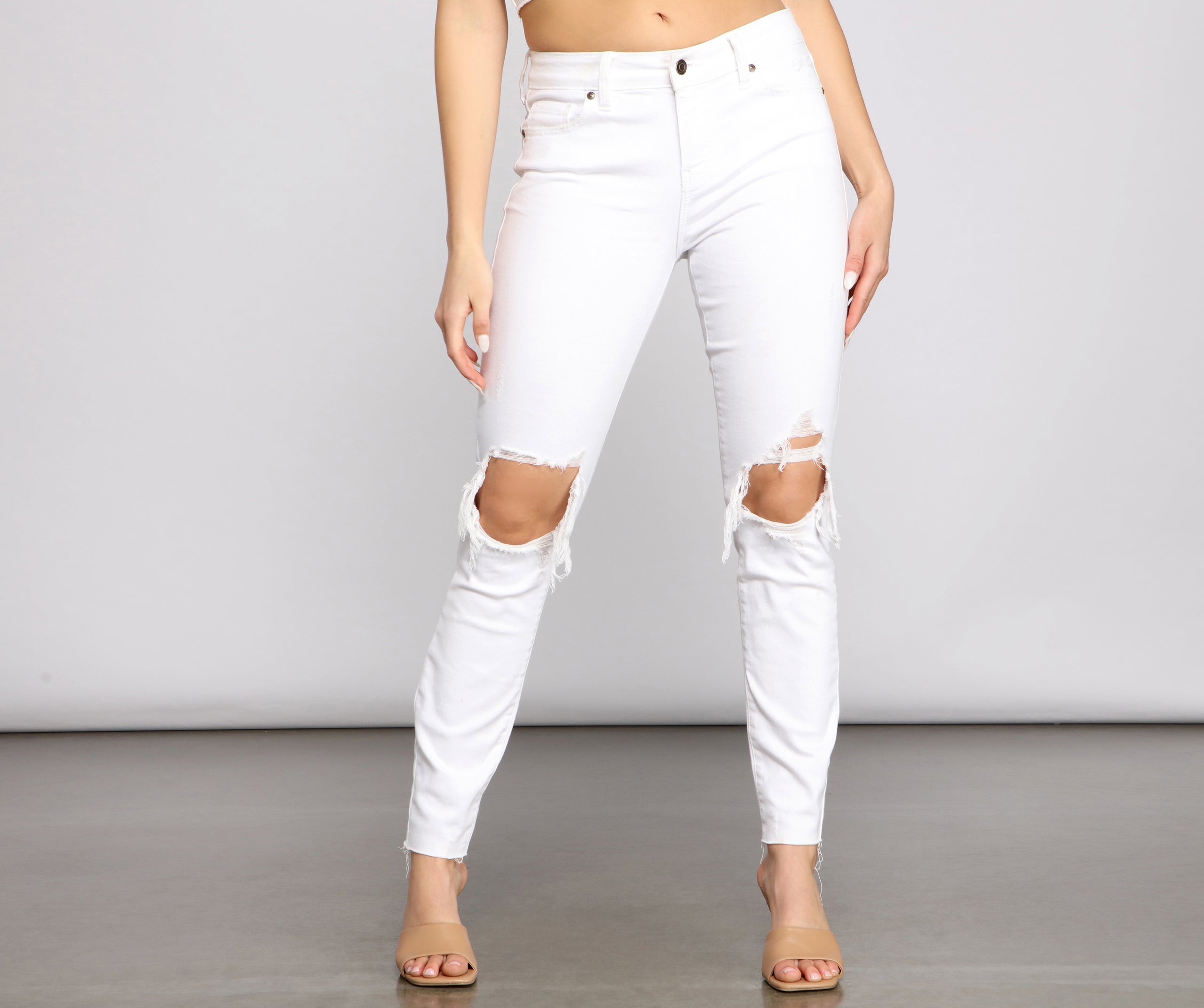 Jude Mid-Rise Destructed Knee Skinny Jeans