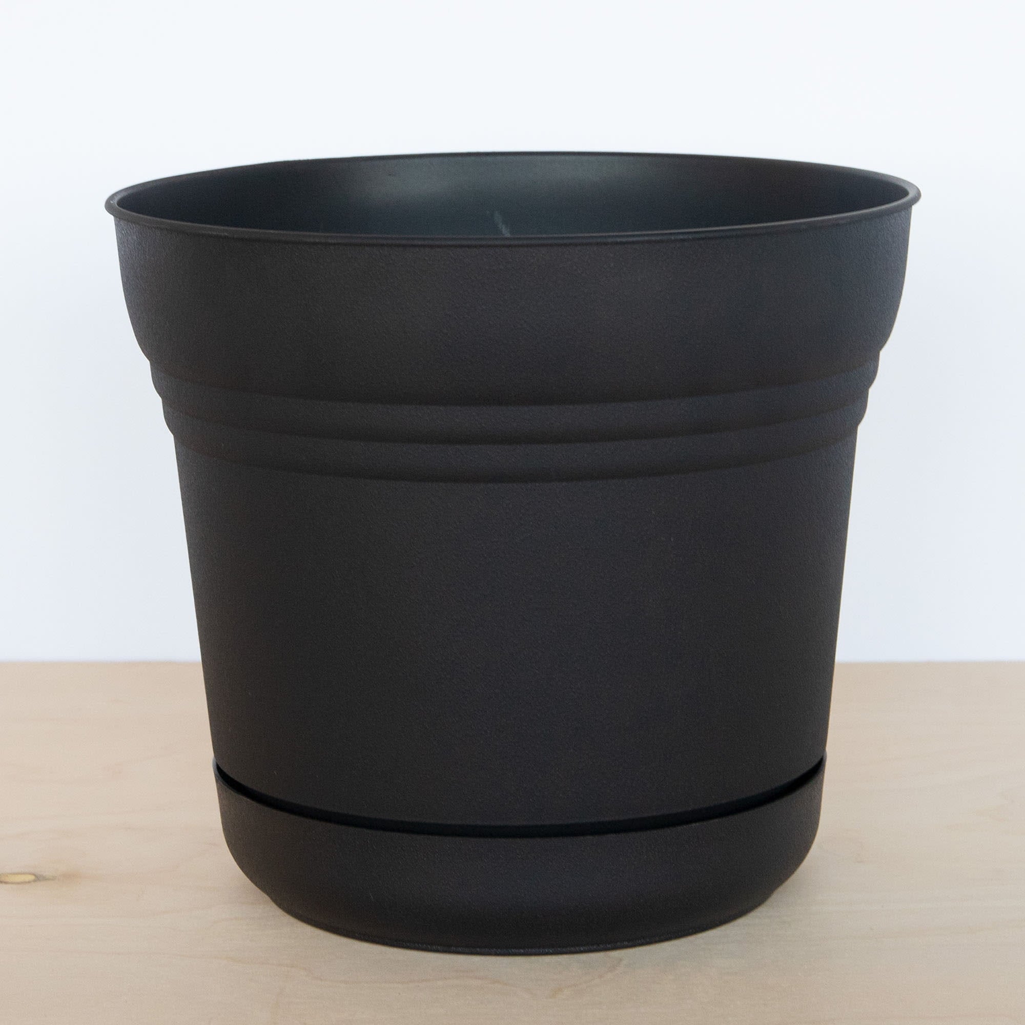 Bloem Saturn Round Planter With Saucer Tray: 14" - Black - Durable Plastic Pot, Matte Finish, Removable Saucer, For Indoor & Outdoor Use, Gardening, 5 Gallon Capacity