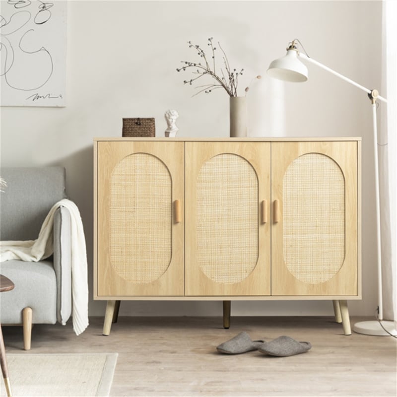 Modern Rattan Shoe Storage Cabinet with 3 Doors and Adjustable Shelves