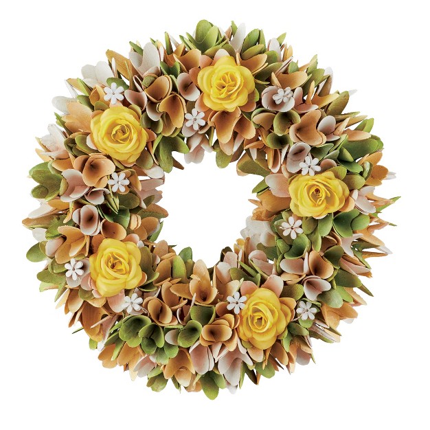 Collections Etc Wooden Yellow Rose And Greenery Hanging Wreath