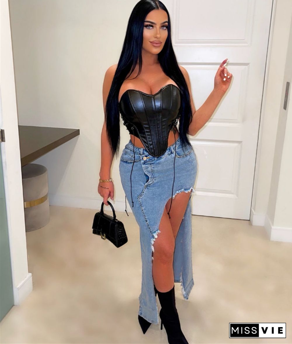 Streetwear High Waist Irregular Slit Denim Skirts