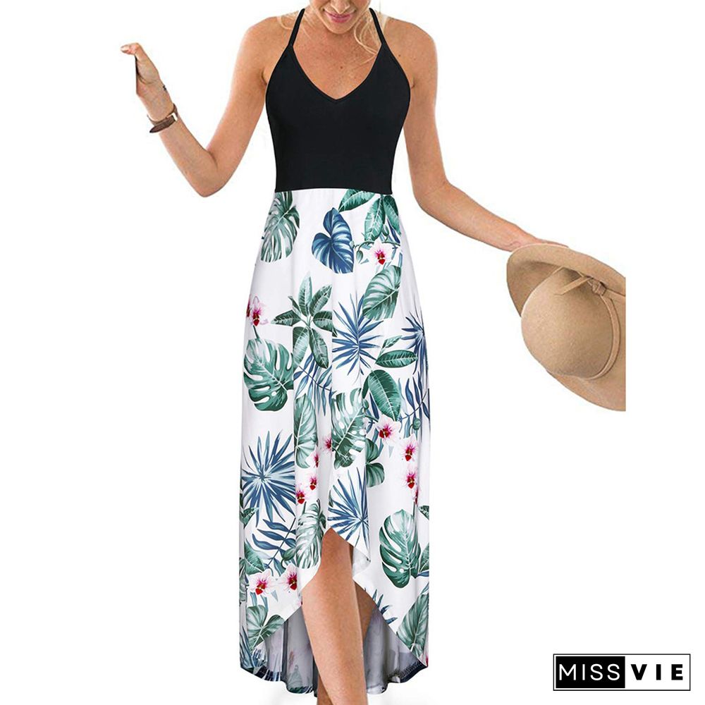 Summer Women Plus Size 5XL Sexy Dresses V-Neck Floral Print Sleeveless Pullover Long Off Shoulder Beach Holiday Party Wear Robe