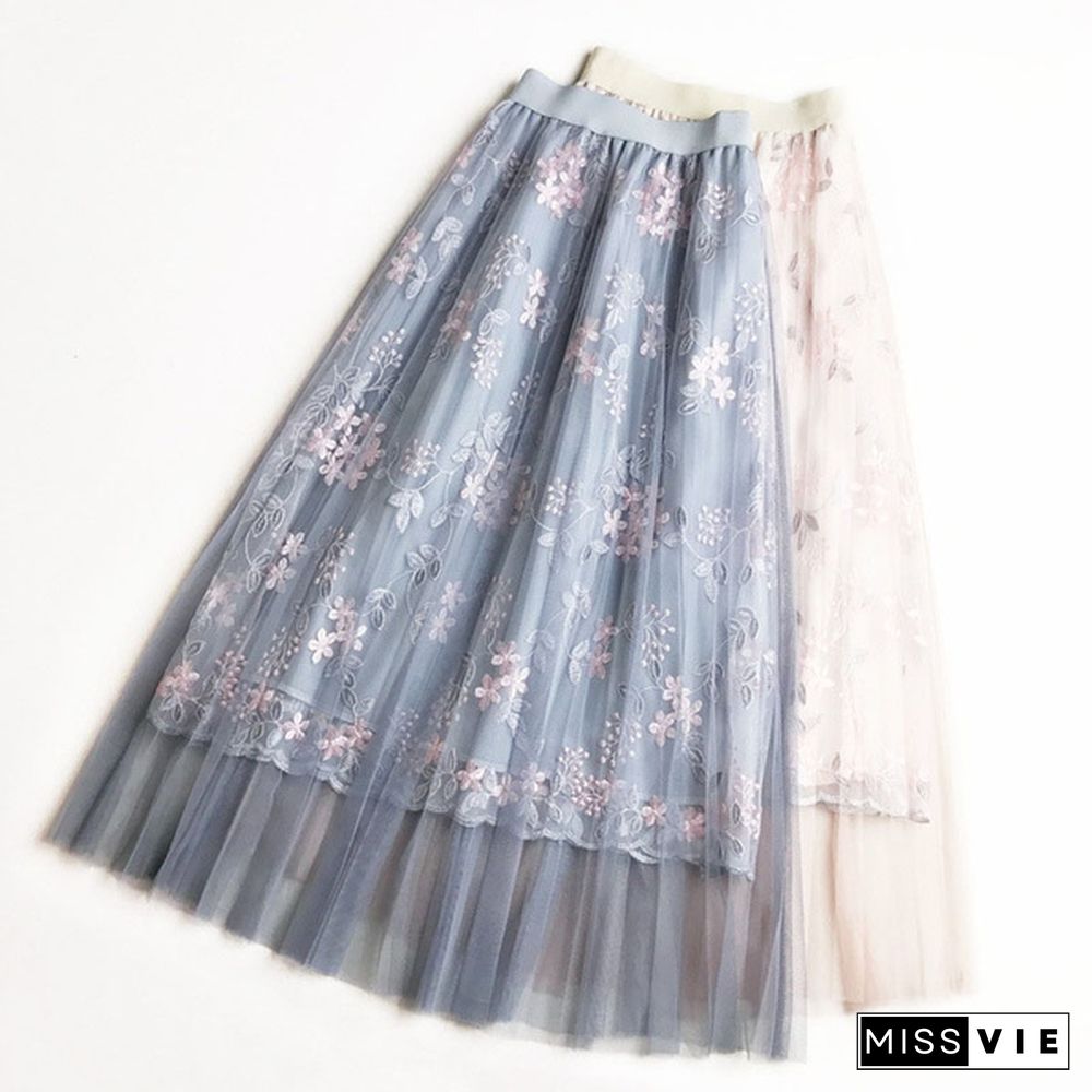 Summer Korean Skirt Heavy Work Embroidered High Waist A Word Long Skirt Fairy Mesh Skirt