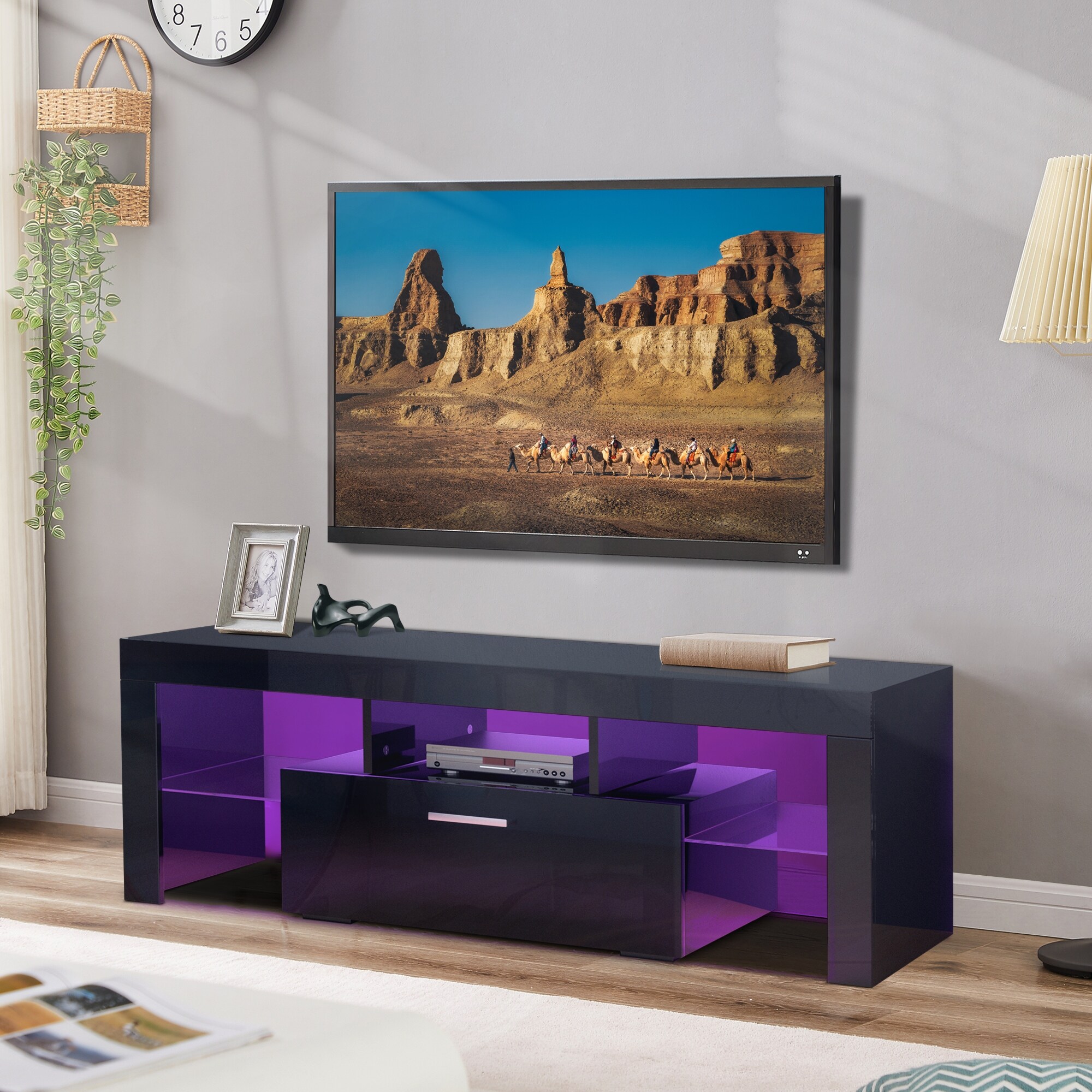 51''L RGB LED High Glossy TV Stand Console Cabinet with 2 Glass Shelf