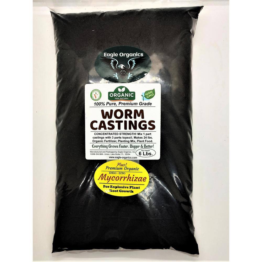 6 lbs. Makes 24 lbs. Organic Worm Castings 100% Pure Concentrated Strength Soil Amendment Endo and Ecto Mycorrhizae EOWC6