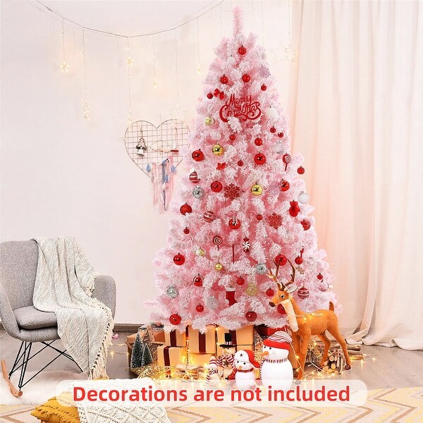 6Ft Prelit Pink Artificial Christmas Tree，Snow Flocked Faux Xmas Pine Tree with 250 Multi Color LED Lights