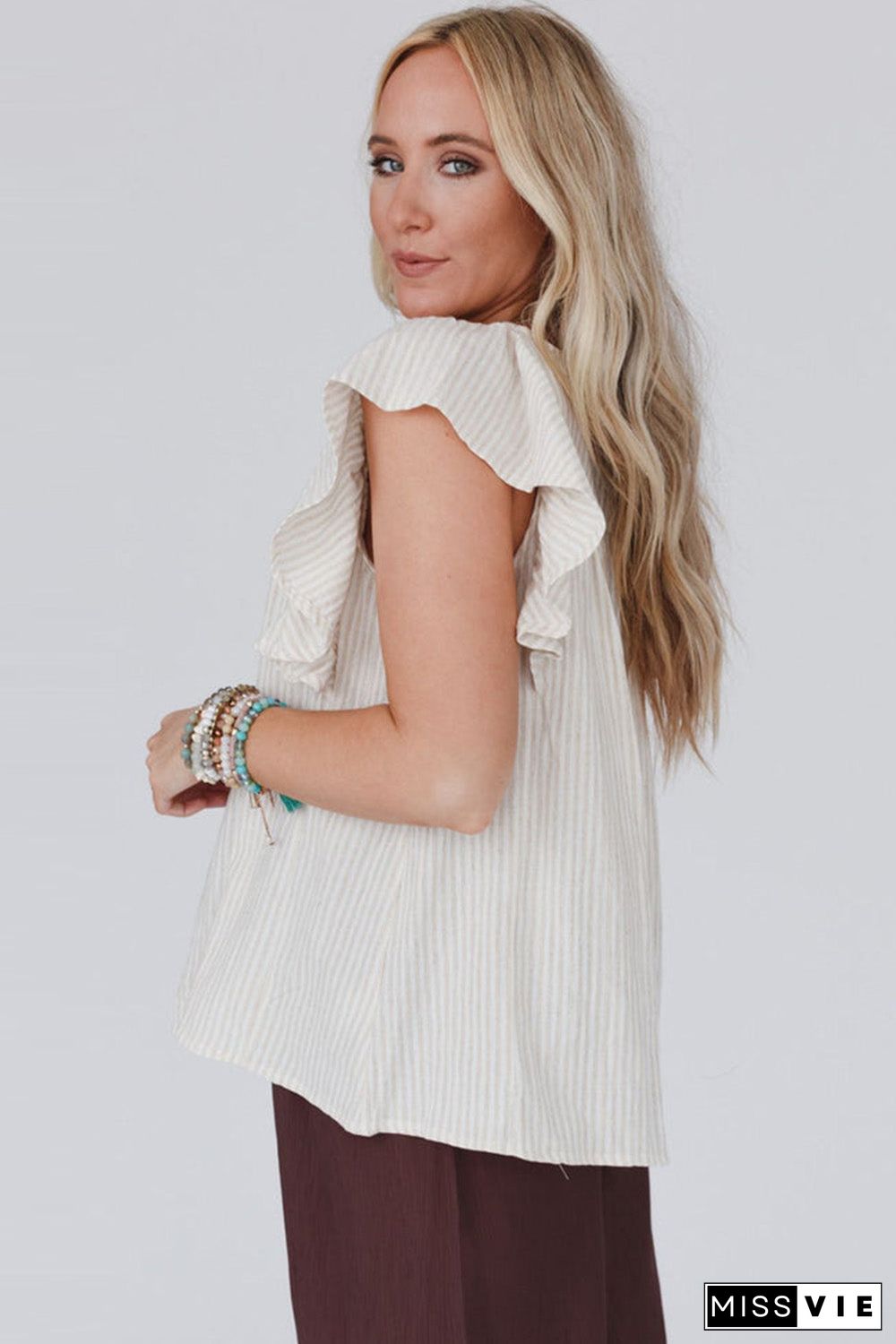 Stripe Ruffled Sleeve Embroidered Blouse