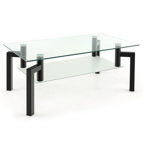 Gymax Glass Coffee Table 2-Tier Tempered Accent Table w/ Metal Tube